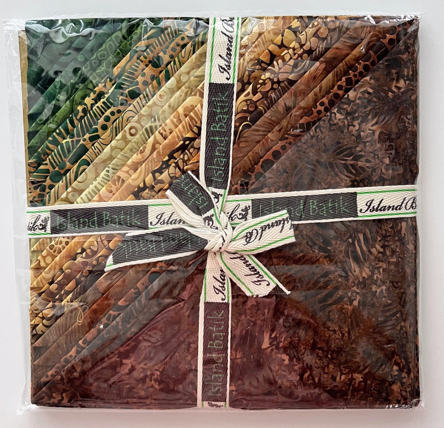 Earth Essence Stack, Island Batik, 10" Precut Fabric Squares, Green Brown Beige Batik Fabric Squares