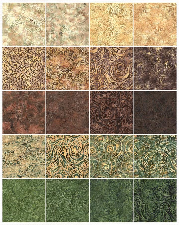 Earth Essence Stack, Island Batik, 10" Precut Fabric Squares, Green Brown Beige Batik Fabric Squares
