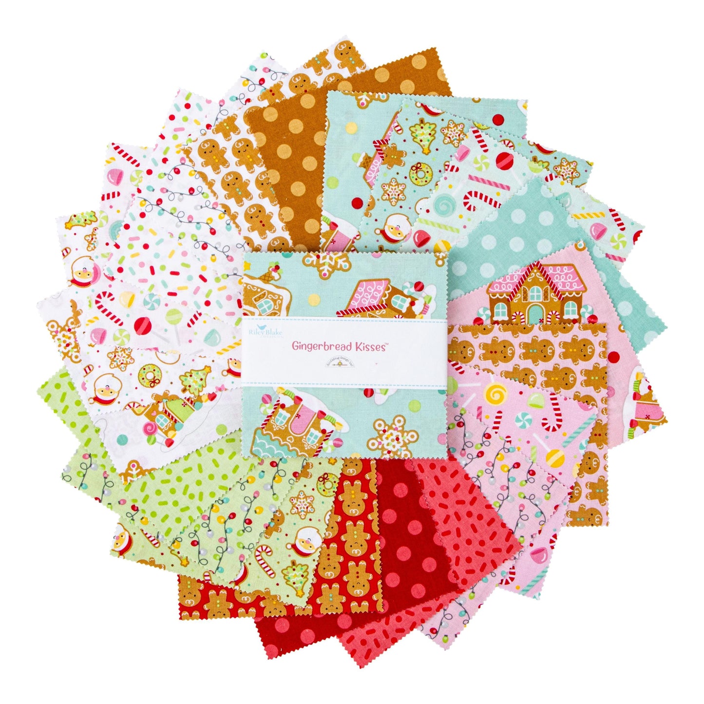 Gingerbread Kisses 5" Stacker, Riley Blake 5-16440-42, 5" Precut Christmas Xmas Charm Pack Fabric Squares, Doodlebug Design