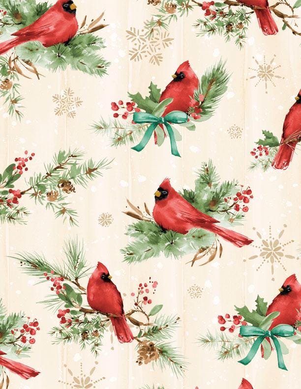 Cardinal Celebration 5 Karat Crystals Charm Pack, Wilmington 859-508, Precut 5" Winter Christmas Cardinals Birds Poinsettias Fabric Squares