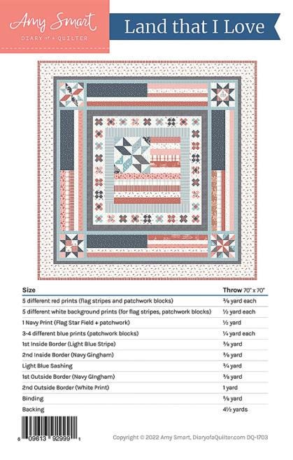 Land That I Love Quilt Pattern, Diary of a Quilter DQ1703, Yardage Friendly Stars Stripes Patriotic Square Throw Quilt Pattern, Amy Smart