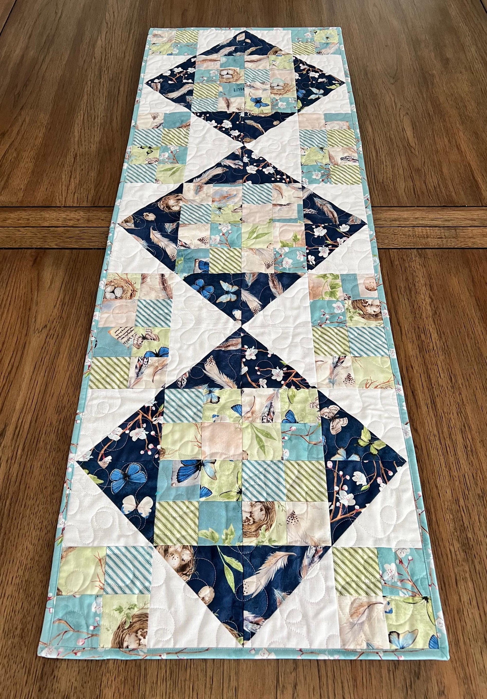 Nature Study Quilted Table Runner, 16.5" x 48", Blue Green Birds Nest Eggs Table Topper Quilt,