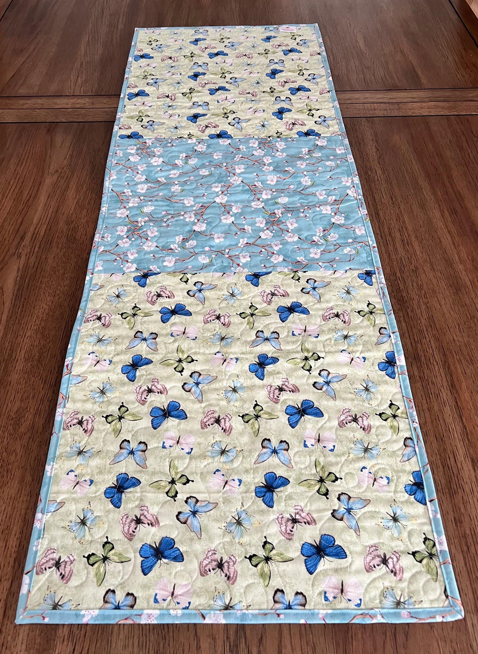 Nature Study Quilted Table Runner, 16.5" x 48", Blue Green Birds Nest Eggs Table Topper Quilt,