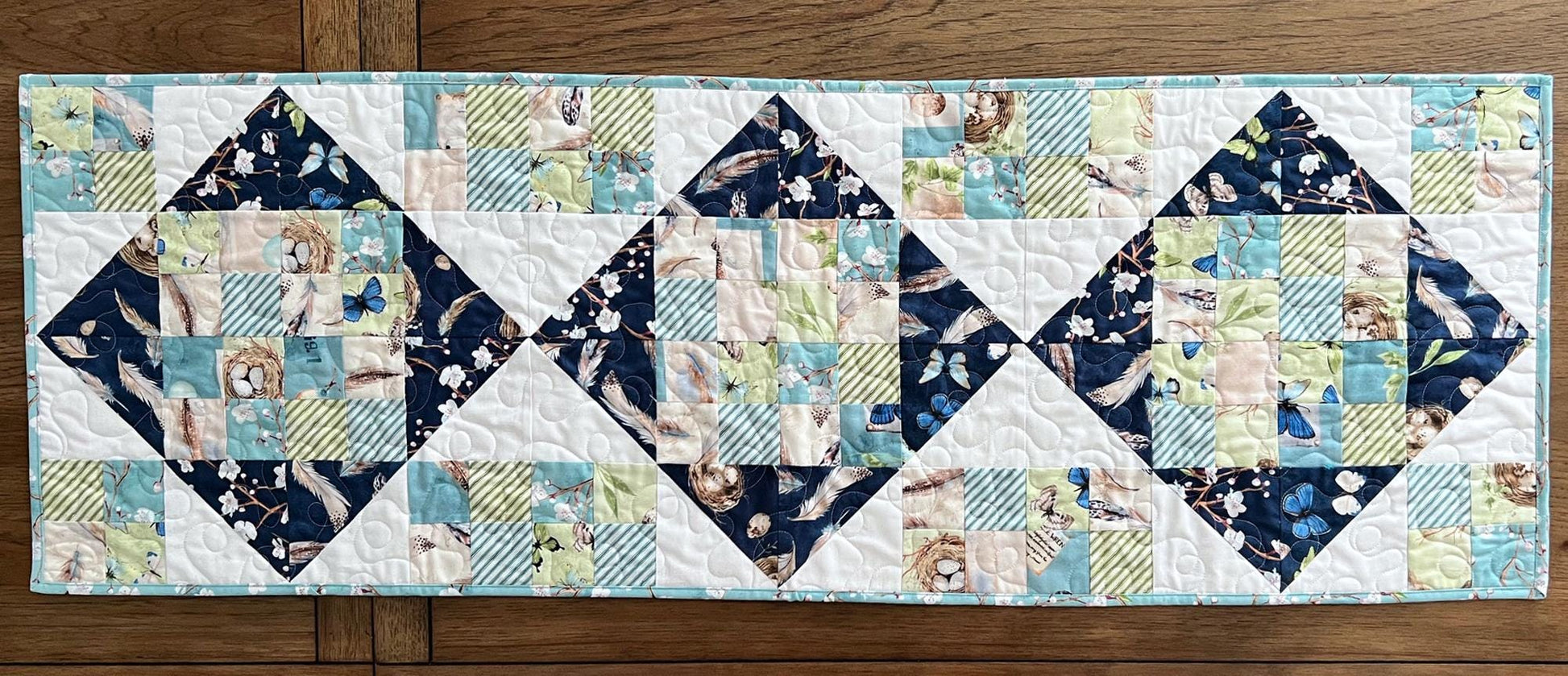 Nature Study Quilted Table Runner, 16.5" x 48", Blue Green Birds Nest Eggs Table Topper Quilt,