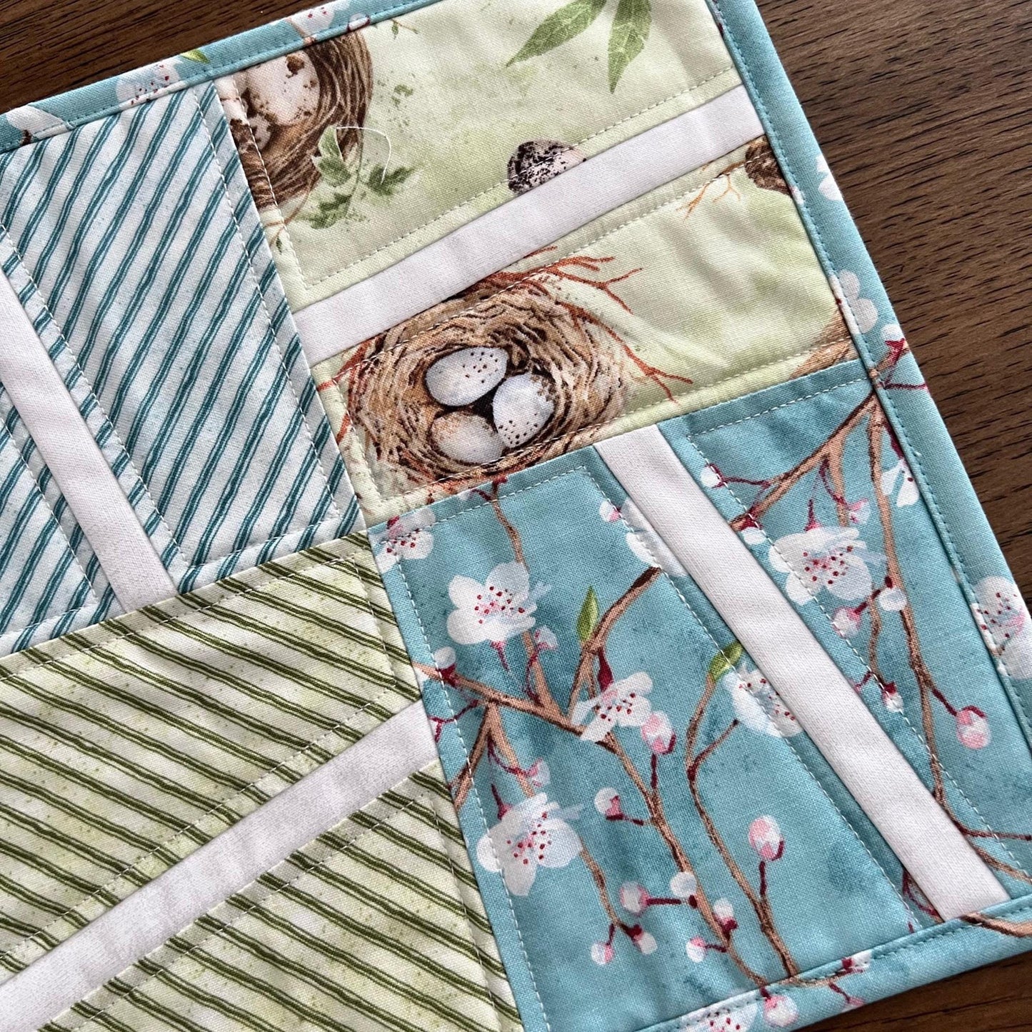 Blue Green Butterflies Quilted Mug Rug, 9.5" x 14", Nature Study Mini Table Quilt, Small Place Mat Placemats, Birds Nest Snack Mat