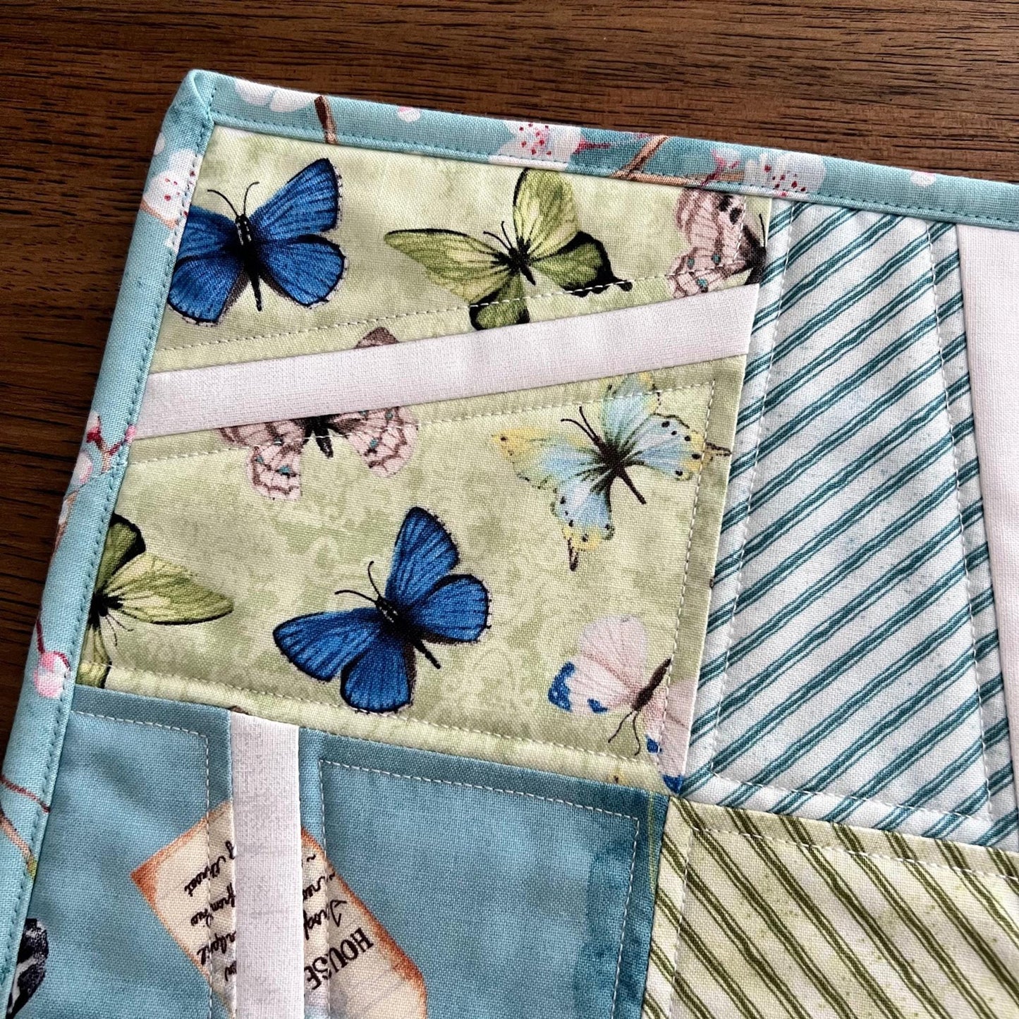 Blue Green Butterflies Quilted Mug Rug, 9.5" x 14", Nature Study Mini Table Quilt, Small Place Mat Placemats, Birds Nest Snack Mat