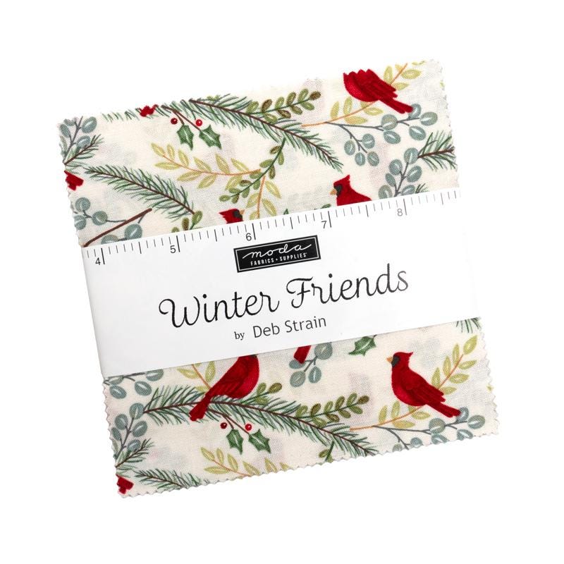 Winter Friends 5" Charm Pack, Moda 56130PP, 5" Precut Christmas Xmas Cardinals Charm Pack Fabric Squares, Deb Strain