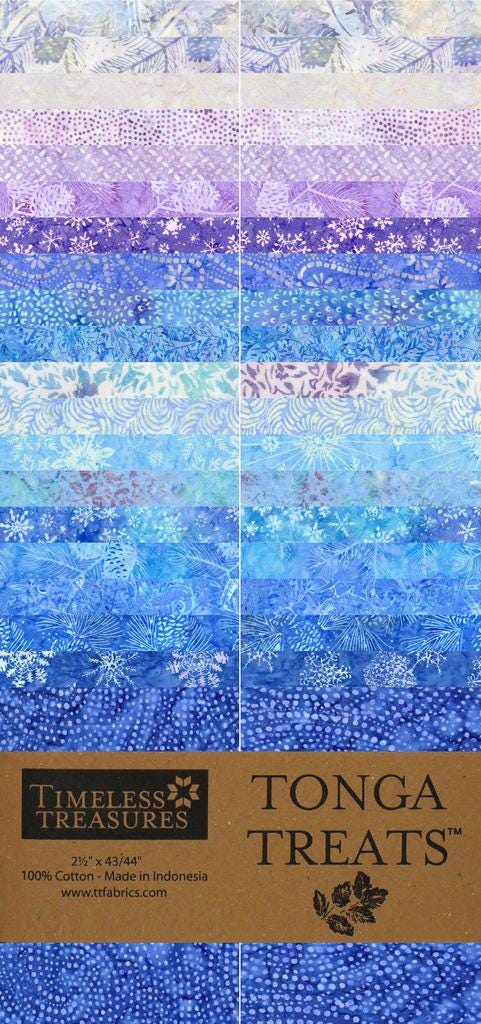 Tonga Crystal Batik 2.5" Strips, Timeless Treasures Treat-Strip40 Crystal, Blue Purple Winter Snowflakes Reindeer 2.5" Batik Fabric Strips