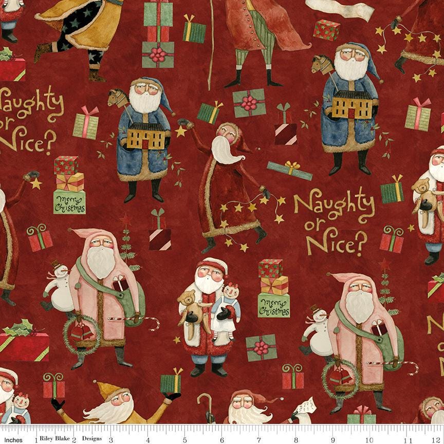 Naughty or Nice 18 Fat Quarter Bundle, Riley Blake FQ-16260-18, 18 x 22 Fabric Cut, Whimsical Primitive Christmas Santa Fabric, Teresa Kogut
