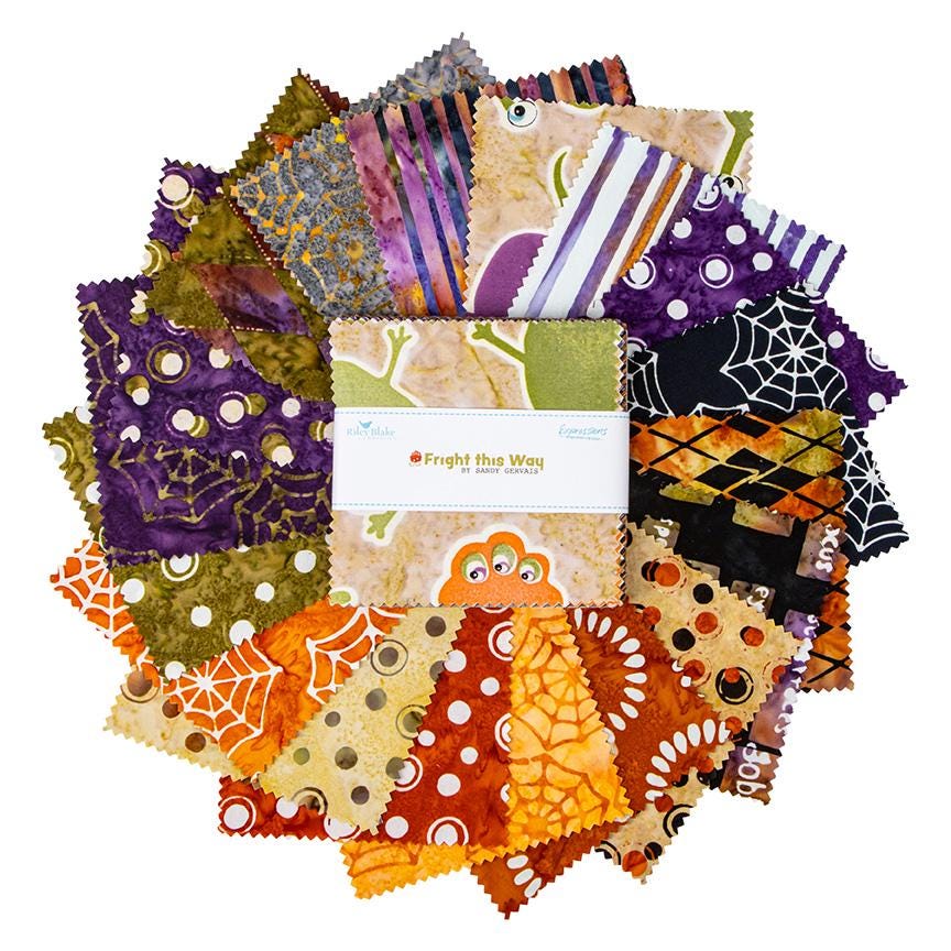 Expressions Batiks - Fright this Way 5" Stacker, Riley Blake 5-23340-42, 5" Precut Halloween Monsters Batik Fabric Squares, Sandy Gervais