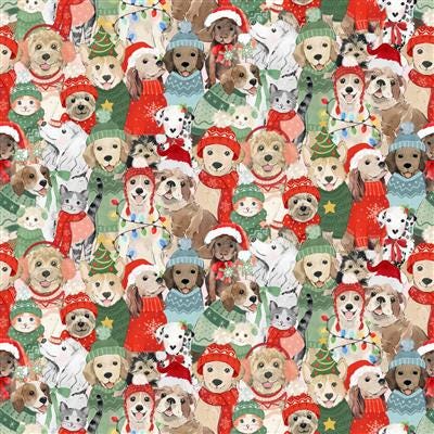 Santa Paws 18 Fat Quarter Bundle with Panel, Clothworks FQ0503, Christmas Xmas Animals Quilt Fabric