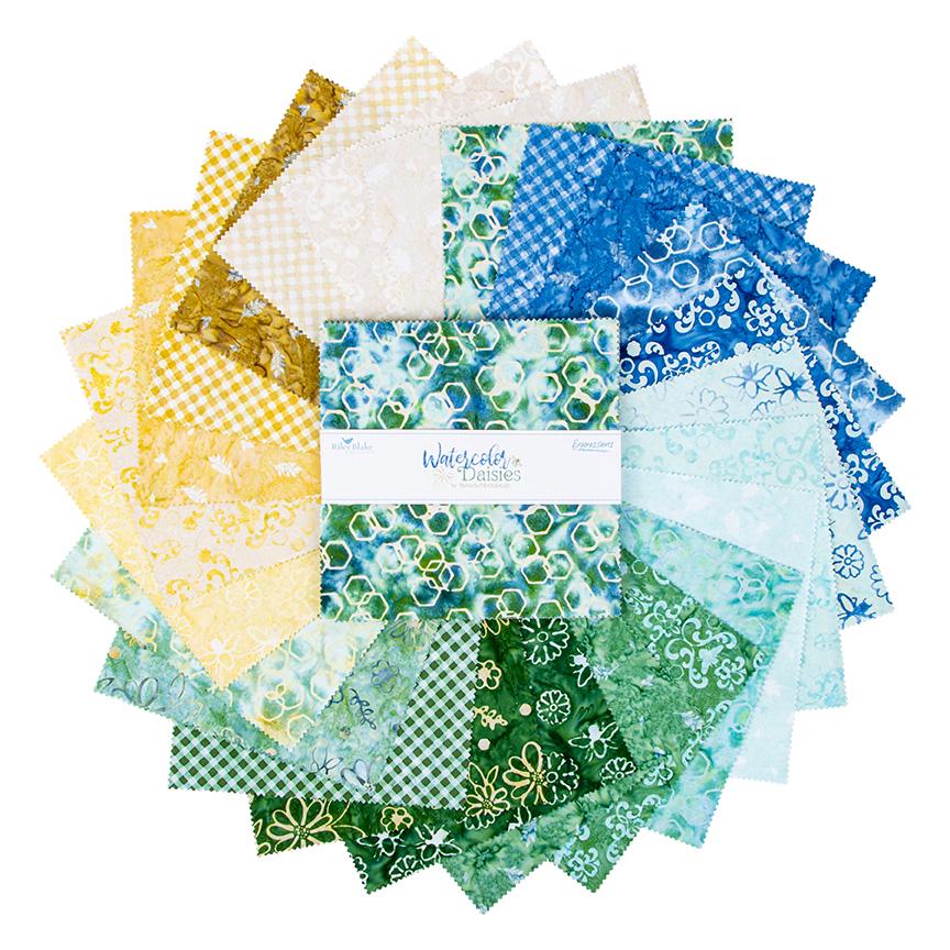 Expressions Batiks - Watercolor Daisies 10" Stacker, Riley Blake 10-23246-42, 10" Precut Blue Green Yellow Floral Batik Fabric Squares