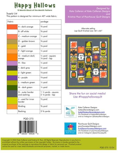 Happy Hallows BOM Quilt Pattern, Poorhouse Quilt Designs PQD-275, Halloween Lap Throw Sampler Quilt Pattern