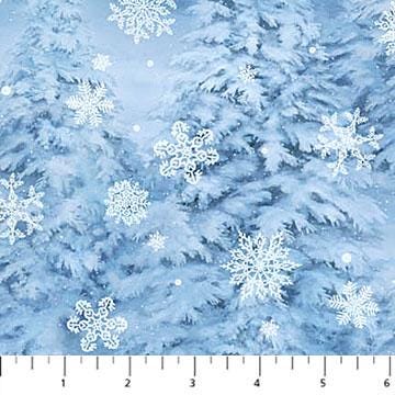 St Nicholas - Blue White Snow Covered Trees Fabric, Northcott 28217-46, Winter Forest Blue Snowflakes Christmas Cotton Fabric, By the Yard