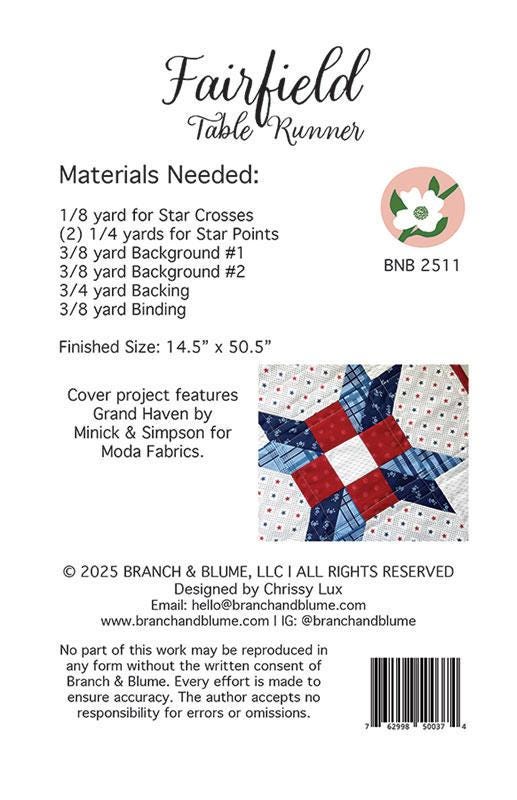Fairfield Table Runner Quilt Pattern, Branch and Blume BNB2511, Yardage Friendly Star Table Runner Quilt Pattern, Chrissy Lux