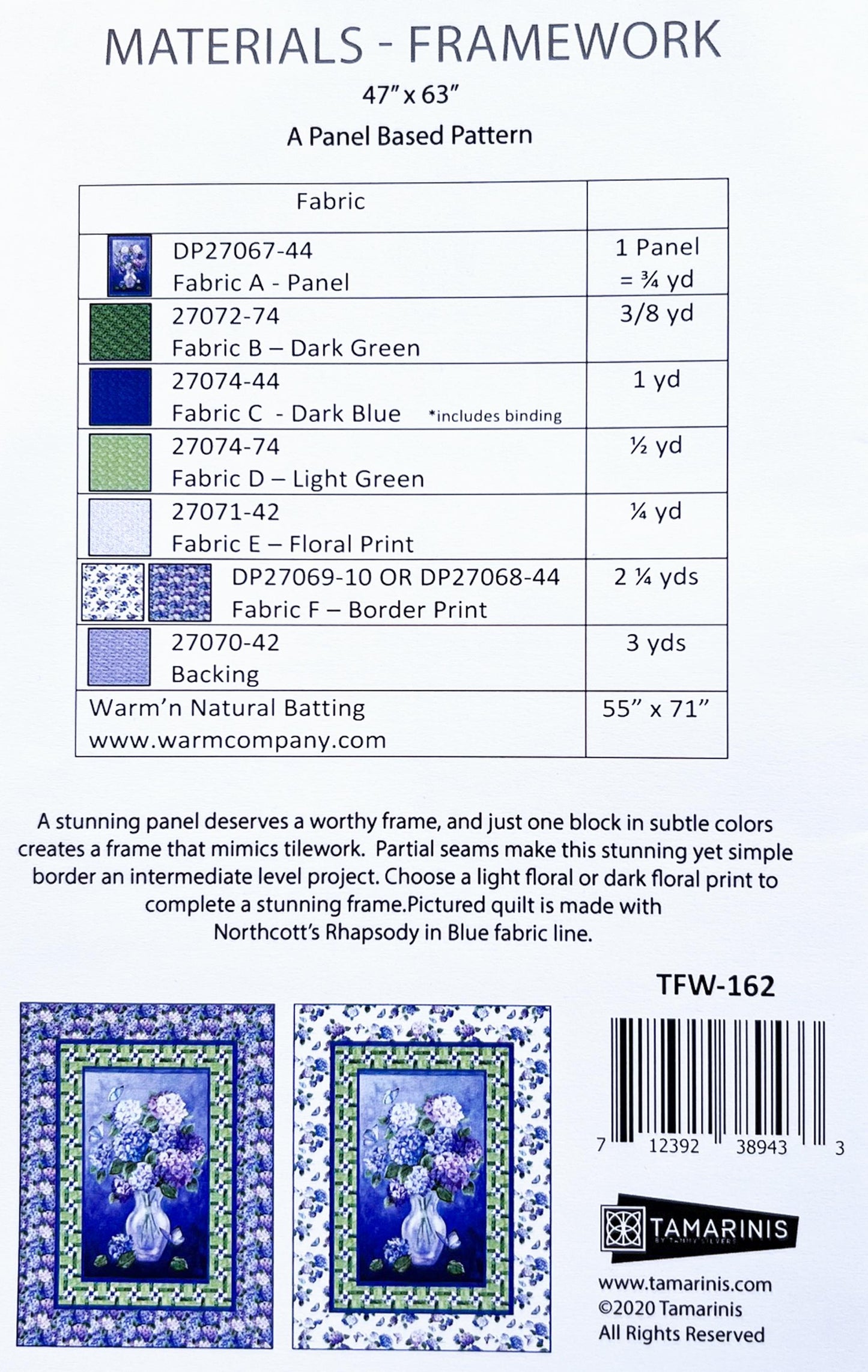 Framework Panel Frame Quilt Pattern, Tamarinis TFW162 PTN3249, 28" Vertical Fabric Panel Friendly Throw Quilt Pattern