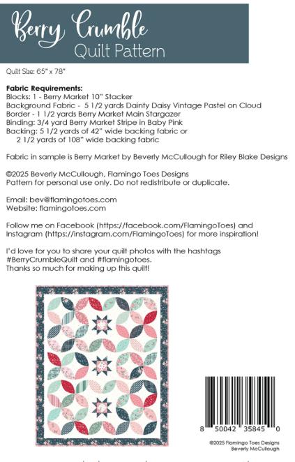 Berry Crumble Quilt Pattern, Flamingo Toes FT-8450, Layer Cake Friendly Orange Peel Stars Applique Throw Quilt Pattern, Beverly McCullough