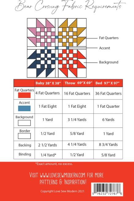 Bear Crossing Quilt Pattern, Love Sew Modern LOV105, Fat Quarter FQ Friendly Bear Paw Baby Throw Queen Bed Quilt Pattern
