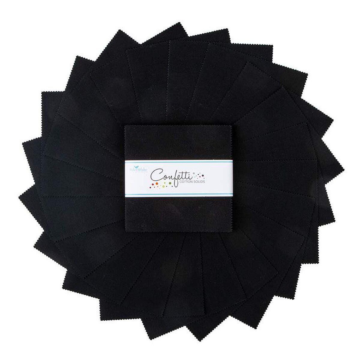 Confetti Cottons Riley Black 5" Stacker, Riley Blake 5-120-RBLACK-42, 5" Precut Solid Black Cotton Fabric Squares