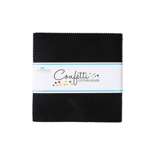 Confetti Cottons Riley Black 5" Stacker, Riley Blake 5-120-RBLACK-42, 5" Precut Solid Black Cotton Fabric Squares
