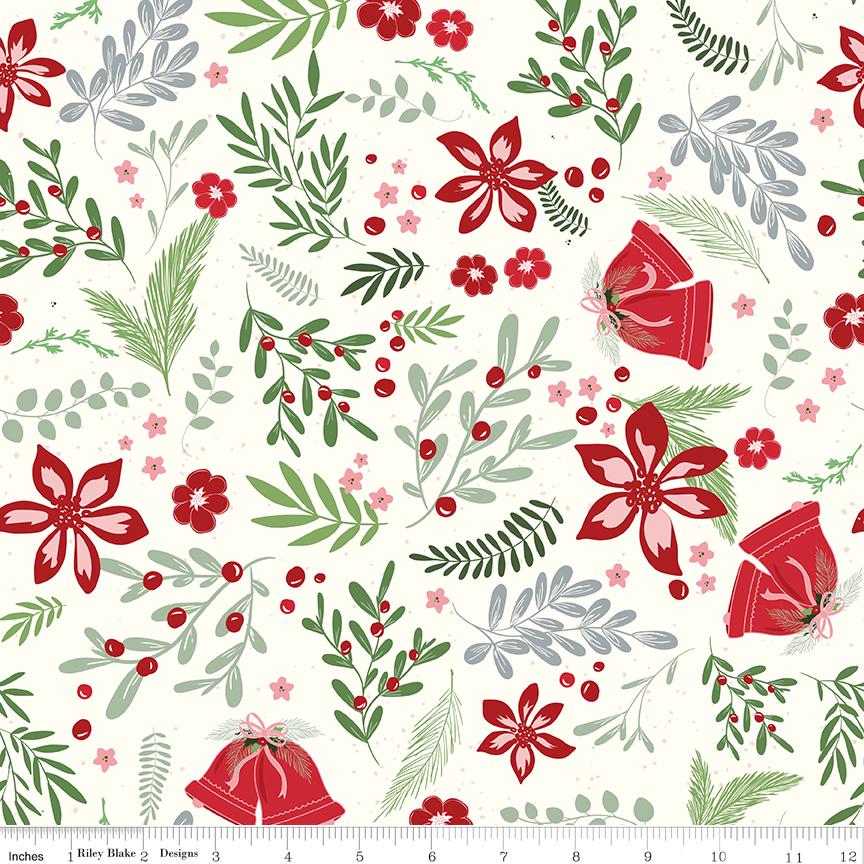 Mistletoe and Holly 5" Stacker, Riley Blake 5-16400-42, 5" Precut Christmas Xmas Floral Fabric Squares, Beverly McCullough