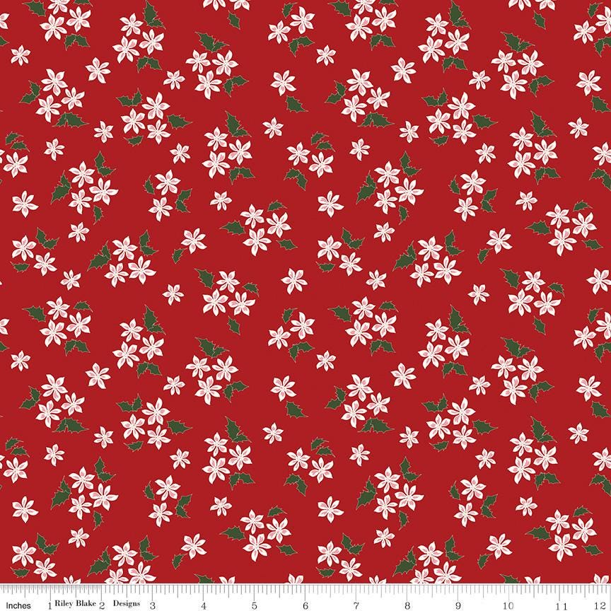 Mistletoe and Holly 5" Stacker, Riley Blake 5-16400-42, 5" Precut Christmas Xmas Floral Fabric Squares, Beverly McCullough