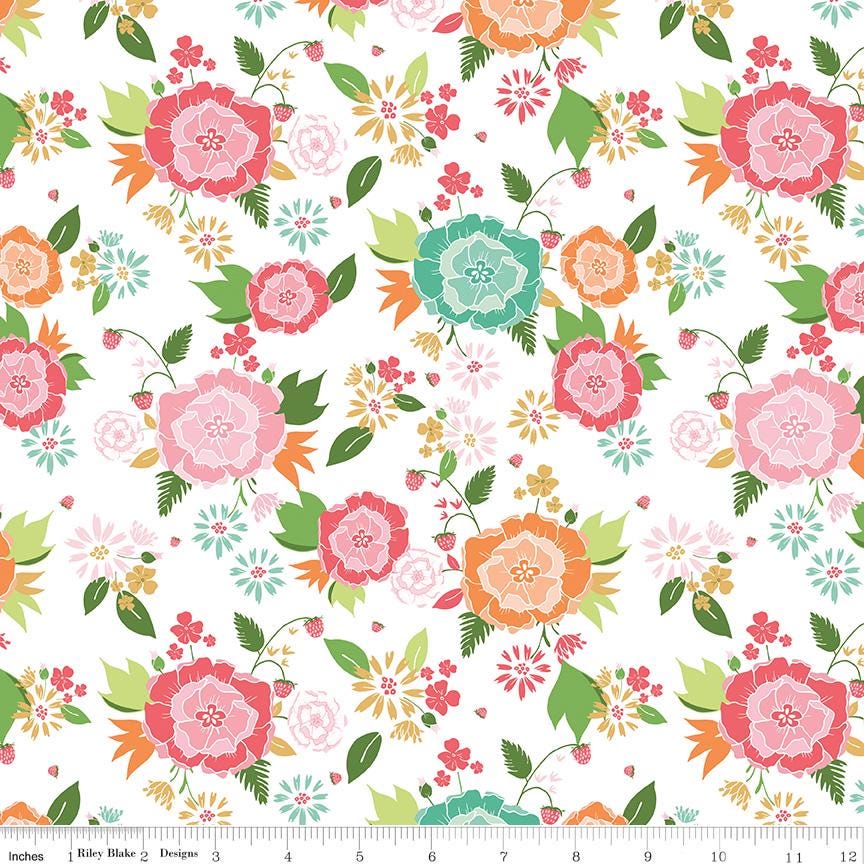 Summer Skies and Fireflies 5" Stacker, Riley Blake 5-16370-42, 5" Precut Pink Green Blue Yellow Floral Charm Fabric Squares, Gracey Larson