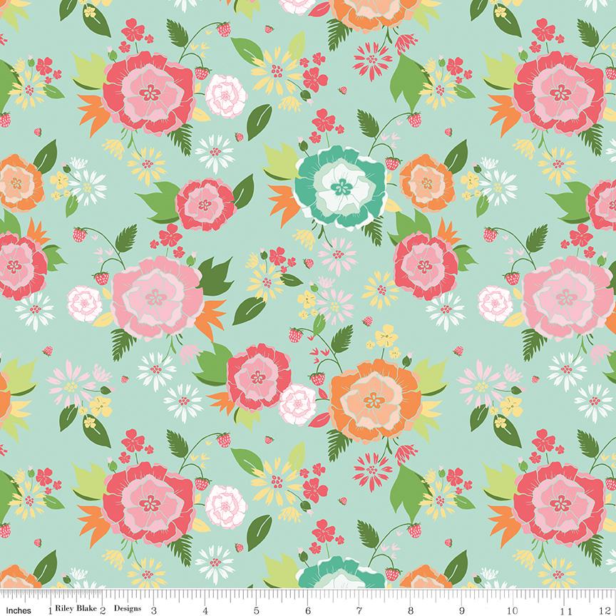 Summer Skies and Fireflies 5" Stacker, Riley Blake 5-16370-42, 5" Precut Pink Green Blue Yellow Floral Charm Fabric Squares, Gracey Larson