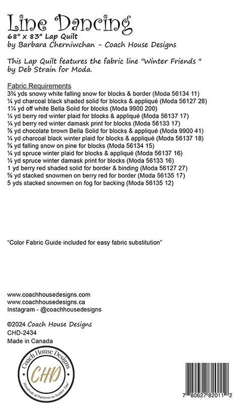 Line Dancing Quilt Pattern, Coach House Designs CHD2434, Yardage Friendly Christmas Xmas Tree Snowmen Lap Throw Quilt Pattern