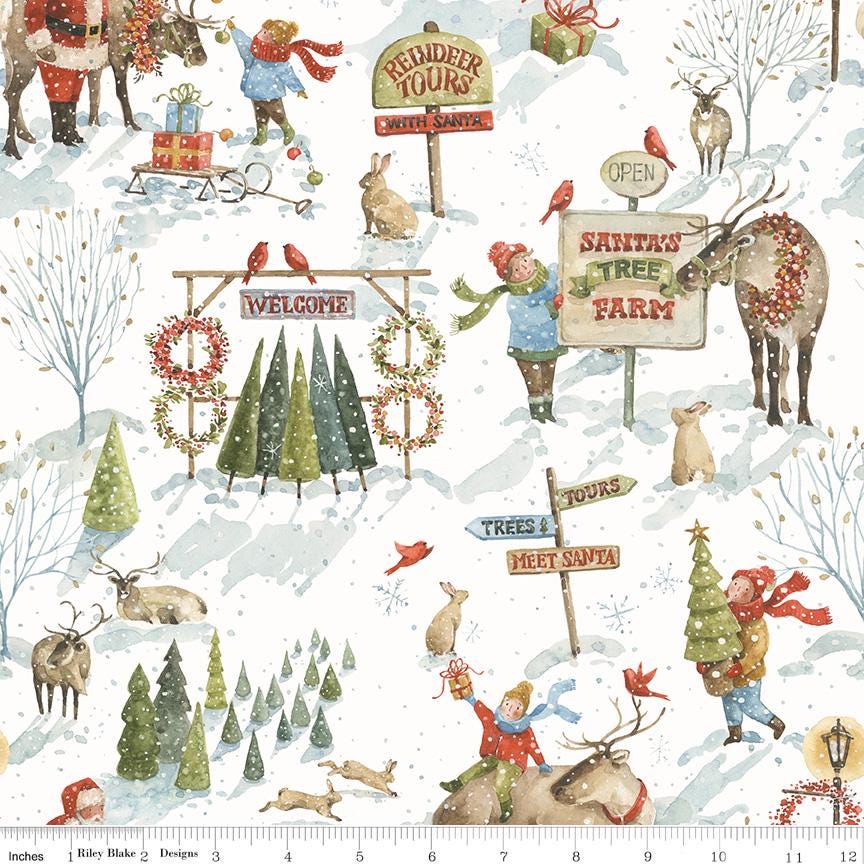 Santa's Tree Farm 5 Yard Fabric Bundle with Panel Snowy, Riley Blake 1YD-16450SN-6, Christmas Xmas Snowy Scenes Cotton Fabric, Lisa Audit