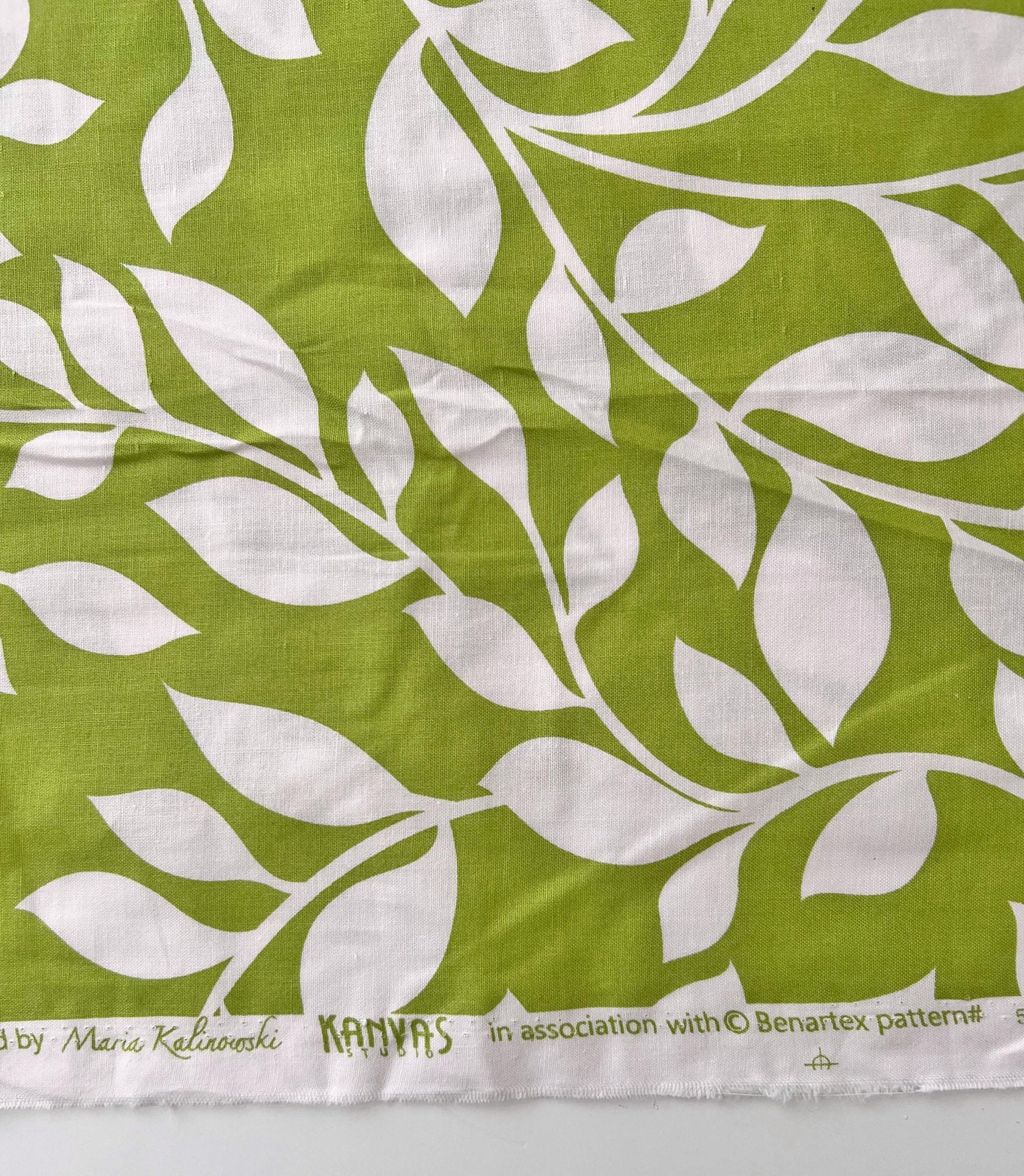 REMNANT 1 yard 27" of 108" White Leaves Vines on Lime Green Wide Back Fabric, Kanvas 5591W Y14020230, Maria Kalinowski, By the Yard