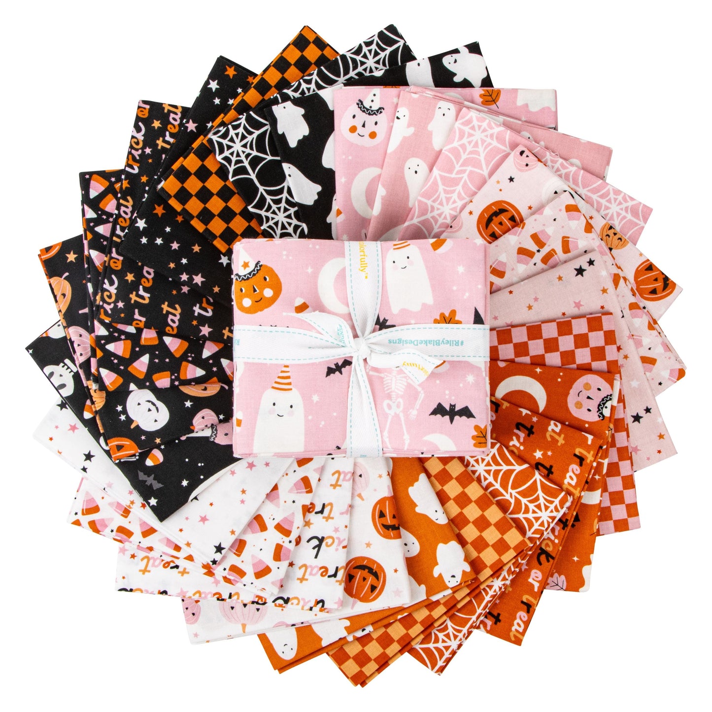 Hey Pumpkin 24 Fat Quarter Bundle, Riley Blake FQ-16030-24, Precut 18 x 22 Pink Orange Black Halloween Fat Quarter Bundle, My Mind's Eye