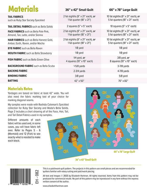 Mermaids Quilt Pattern, Elizabeth Hartman EH082, F8 FQ Fat Quarter Eighths Scrap Friendly Mermaid Lap Throw Quilt Pattern