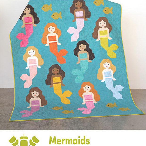 Mermaids Quilt Pattern, Elizabeth Hartman EH082, F8 FQ Fat Quarter Eighths Scrap Friendly Mermaid Lap Throw Quilt Pattern