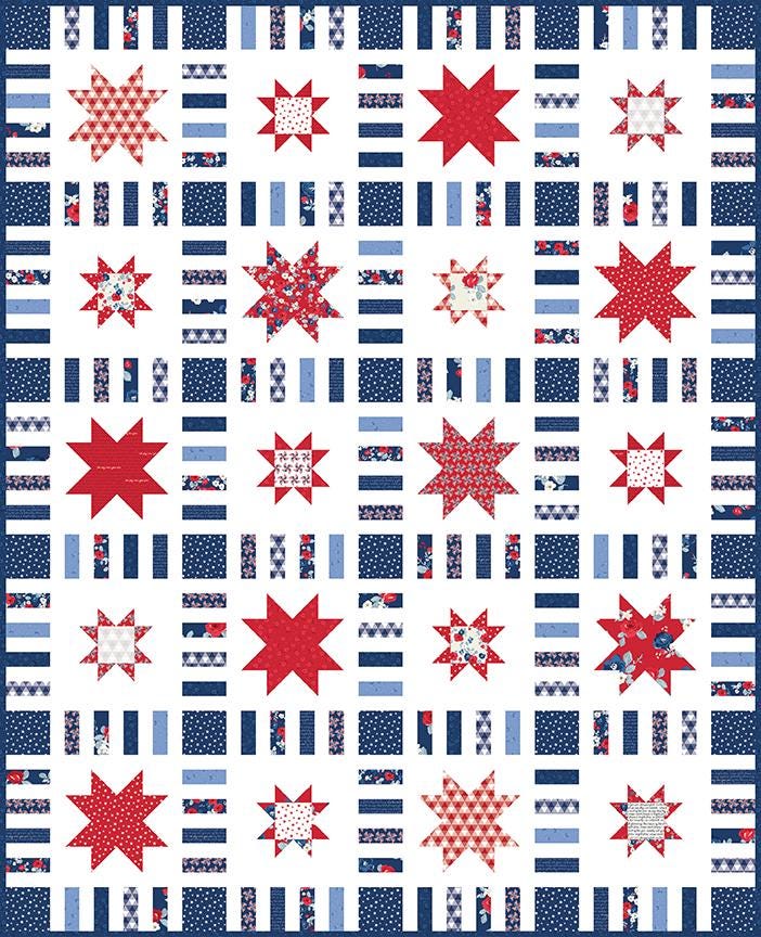 Stars in Stripes Quilt KIT, Riley Blake KTB-20372, Land of Liberty Patriotic Floral Throw Quilt Kit, My Mind's Eye, Hello Melly Design