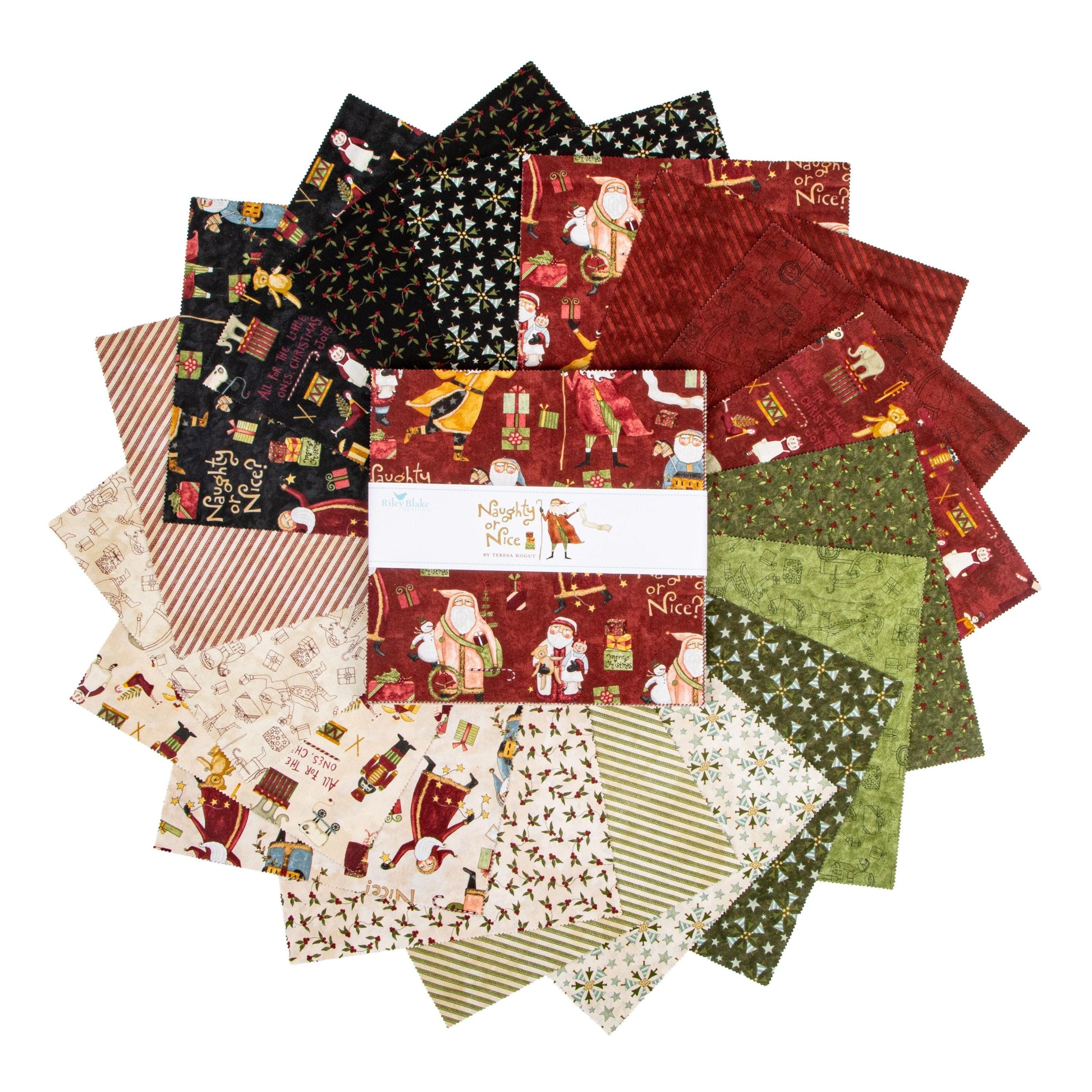 Naughty or Nice 10" Stacker, Riley Blake 10-16260-42, Whimsical Santa Christmas Xmas Quilt Fabric Squares, Teresa Kogut