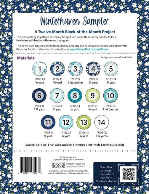 Winterhaven Sampler BOM Quilt Pattern, Cora's Quilts CQ2404, Yardage Friendly Oversized Throw Queen Bed Quilt Pattern