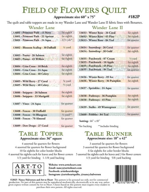 Field of Flowers Quilt Pattern, Art to Heart ATH182P, Fat Eights F8 Friendly Flower Table Runner Topper Throw Quilt Pattern, Nancy Halvorsen