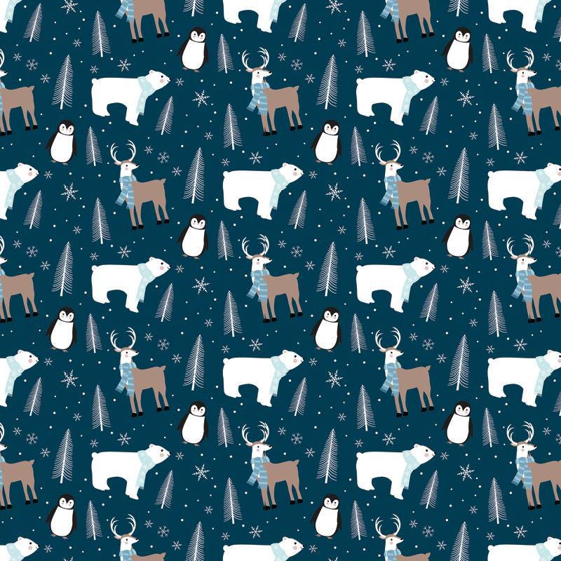 Winter Magic 5" Stacker, Riley Blake 5-16360-42, Precut 5" Blue White Winter Polar Bears Penguins Reindeer Fabric Squares, Dani Mogstad