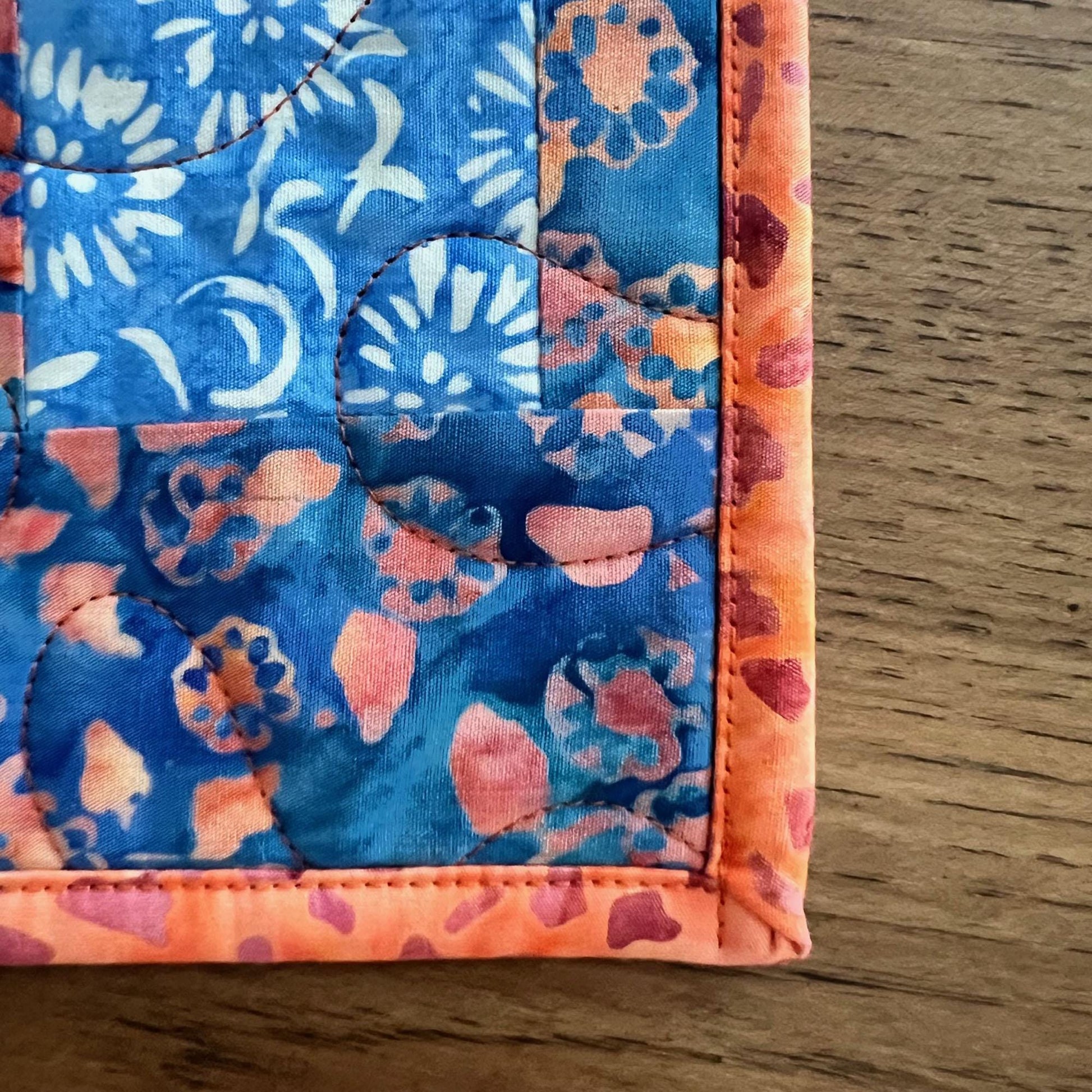 Multicolored Batik Quilted Table Runner, Orange Blue Teal Brown Batik Table Runner, Banyan Batiks Pebbles and Daisies