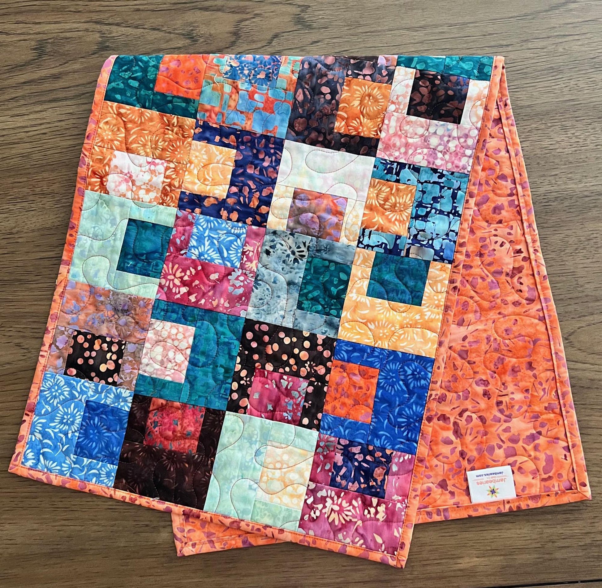 Multicolored Batik Quilted Table Runner, Orange Blue Teal Brown Batik Table Runner, Banyan Batiks Pebbles and Daisies