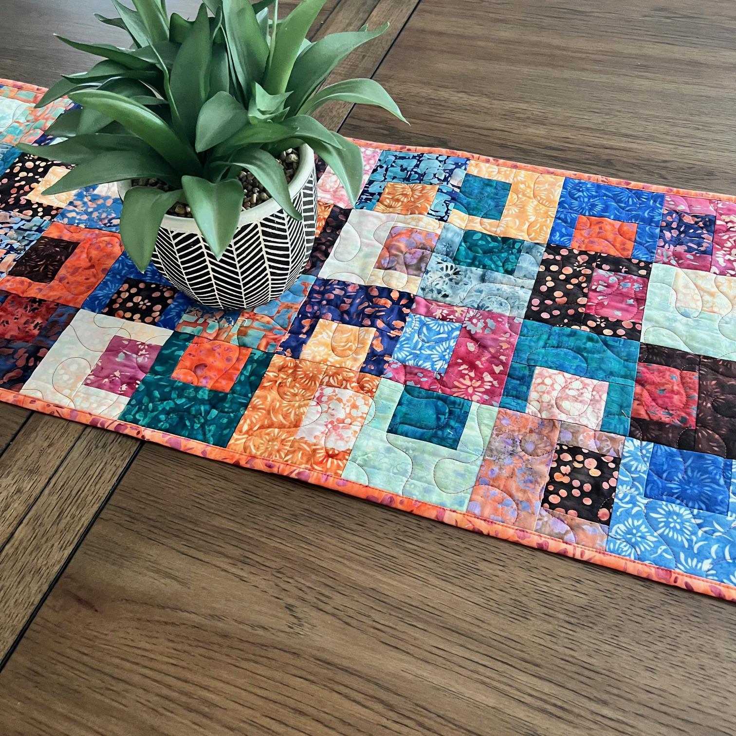 Multicolored Batik Quilted Table Runner, Orange Blue Teal Brown Batik Table Runner, Banyan Batiks Pebbles and Daisies