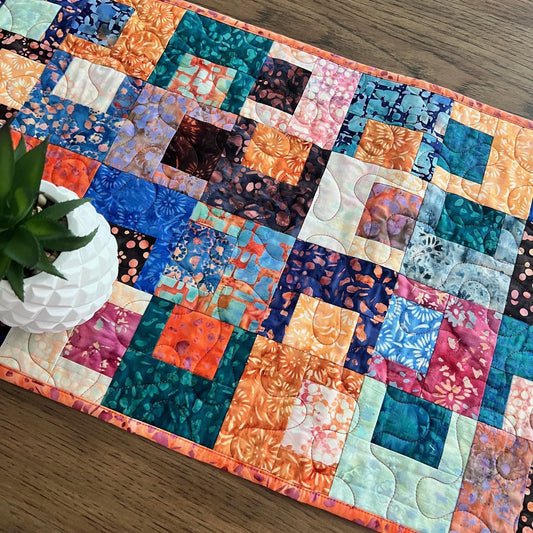 Multicolored Batik Quilted Table Runner, Orange Blue Teal Brown Batik Table Runner, Banyan Batiks Pebbles and Daisies