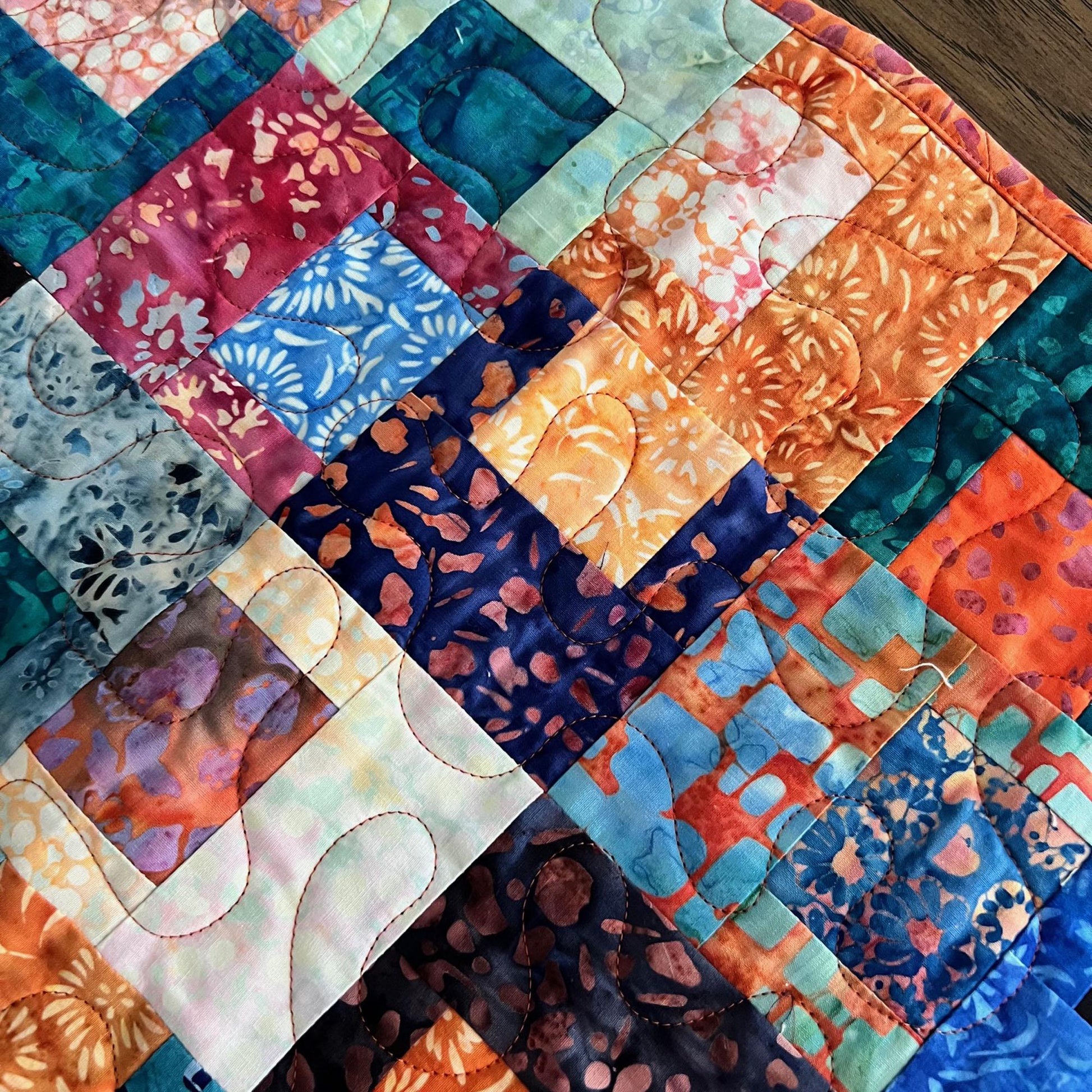 Multicolored Batik Quilted Table Runner, Orange Blue Teal Brown Batik Table Runner, Banyan Batiks Pebbles and Daisies