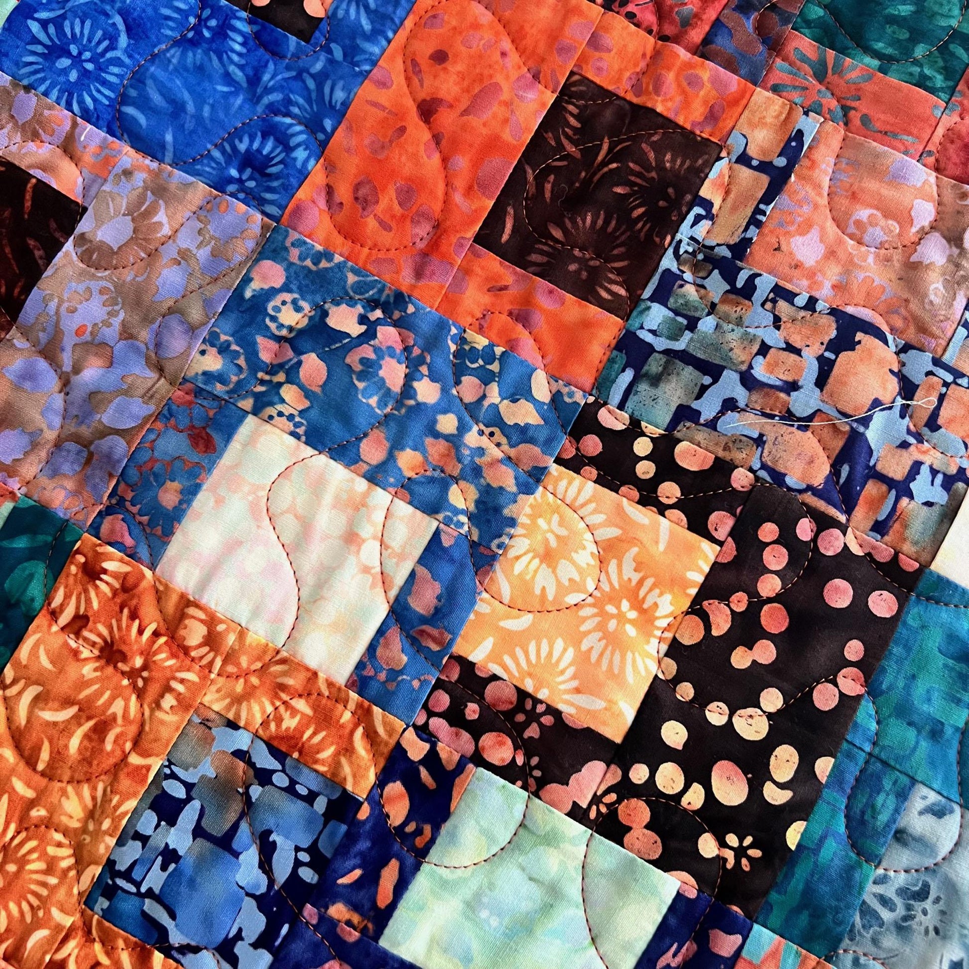 Multicolored Batik Quilted Table Runner, Orange Blue Teal Brown Batik Table Runner, Banyan Batiks Pebbles and Daisies