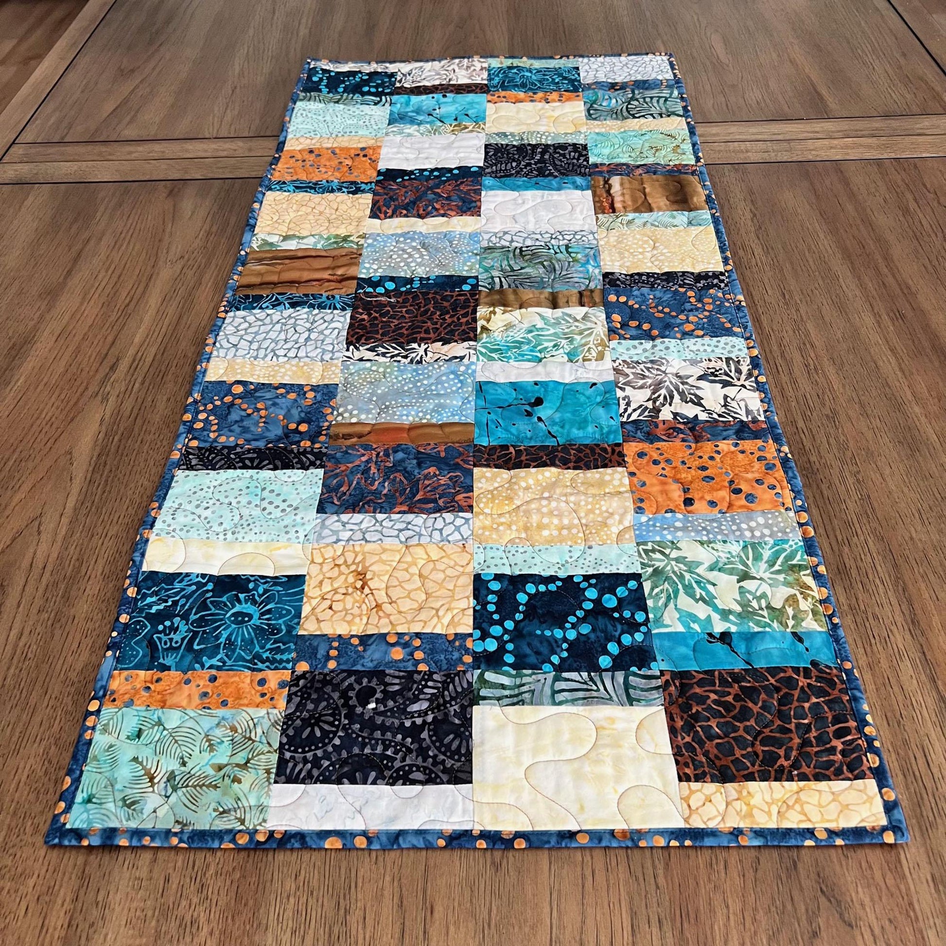 Blue Brown Batik Quilted Table Runner, Moda Blue Ridge Batiks Table Quilt