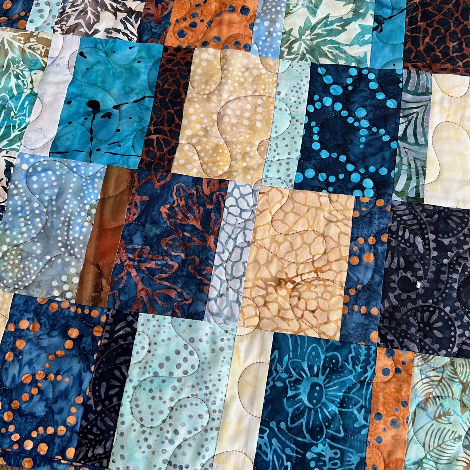 Blue Brown Batik Quilted Table Runner, Moda Blue Ridge Batiks Table Quilt