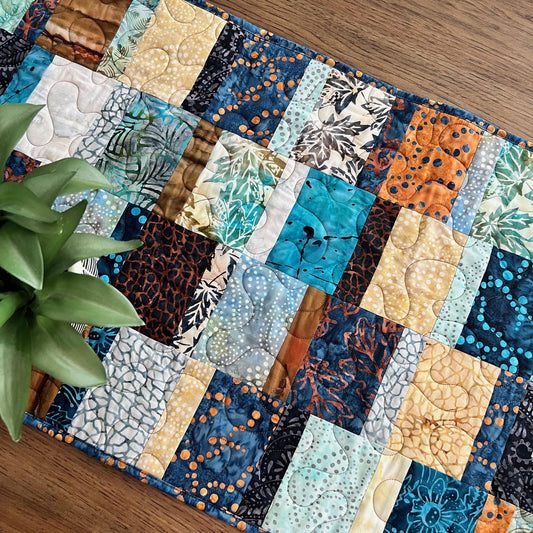 Blue Brown Batik Quilted Table Runner, Moda Blue Ridge Batiks Table Quilt