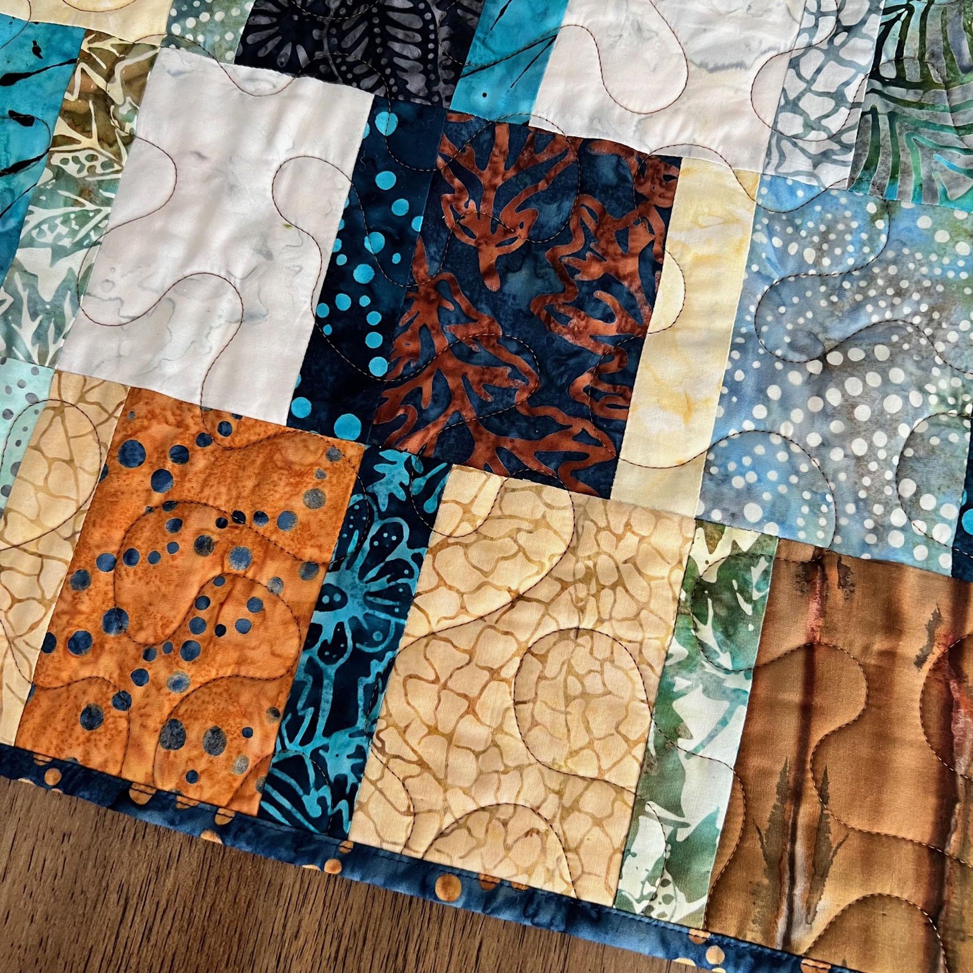 Blue Brown Batik Quilted Table Runner, Moda Blue Ridge Batiks Table Quilt