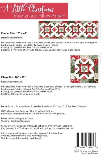 A Little Christmas Quilt Pattern, Flamingo Toes FT8498, Fat Quarter Friendly Table Runner Pillow Cover Quilt Pattern, Beverly McCullough